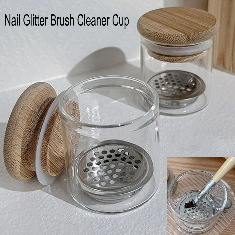 1pc Nail Glitter Brush Cleaner Cup Wood Lid Steel Mesh Base Washing Nail Sequins/Powder Brush Cup Nail Salon Acrylic BrushHolder