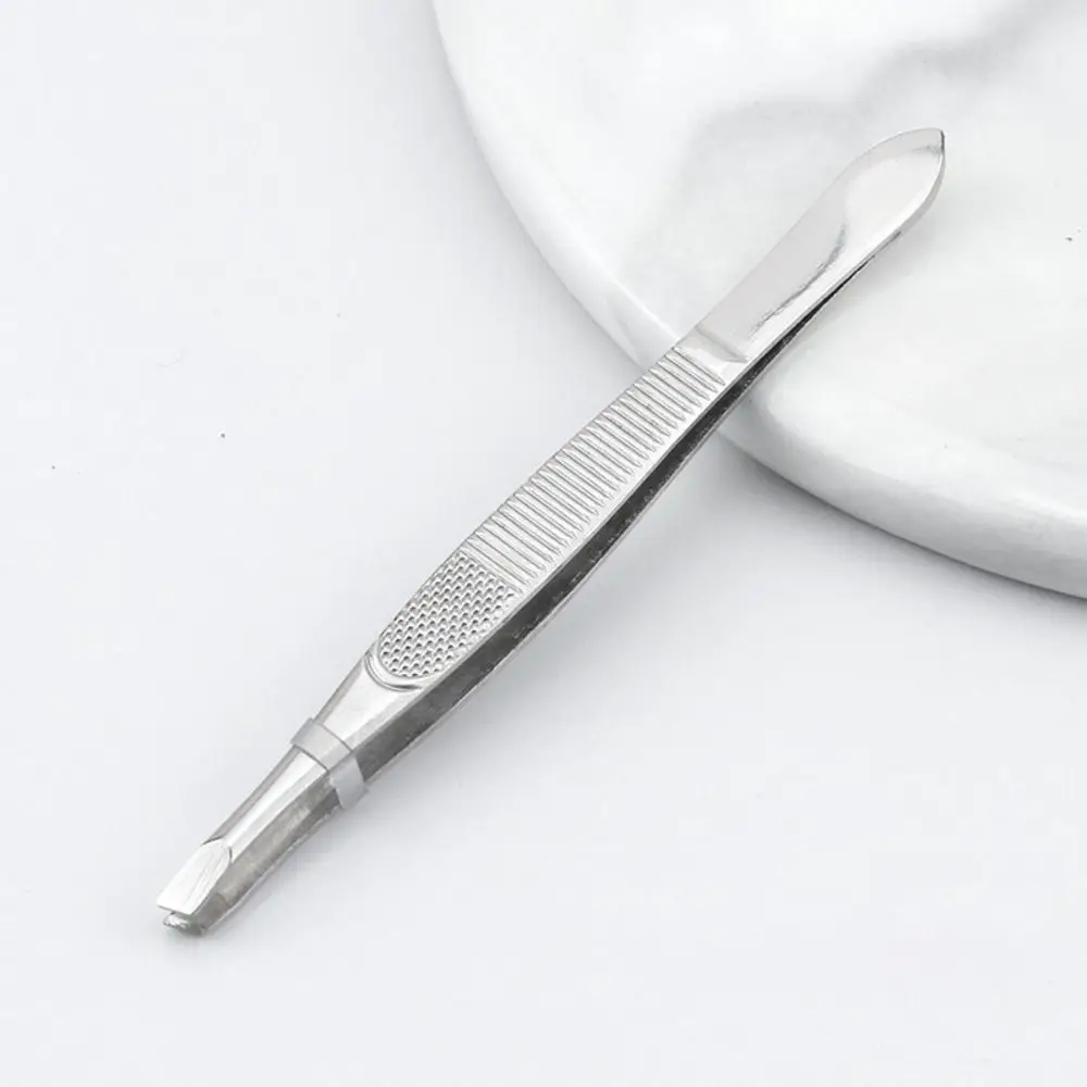 Stainless Steel Eyebrow Trimming Tweezers Flat Tip Slant Tip Eyelash Curler Mesh Stripe Handle Plucking Eye Brow Clips Girl