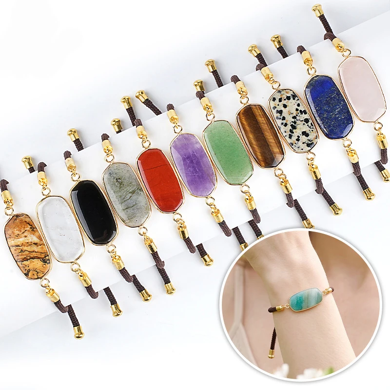 Adjustable Braided Cord Bracelets Rectangle Natural Stone Bezel‑Set Crystal Wrist Rope Minimalist Couple Fashion Hand Jewelry