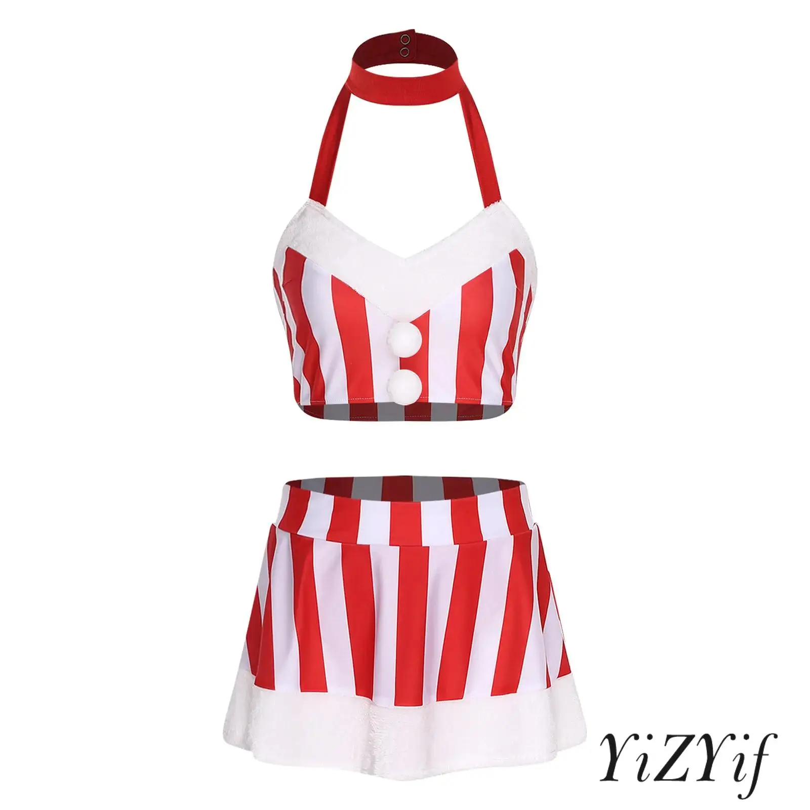 

Womens Christmas Mrs Santa Striped Costume Pompom Decor Halter Backless Crop Top And Miniskirt Set Xmas Party Candy Cane Outfits