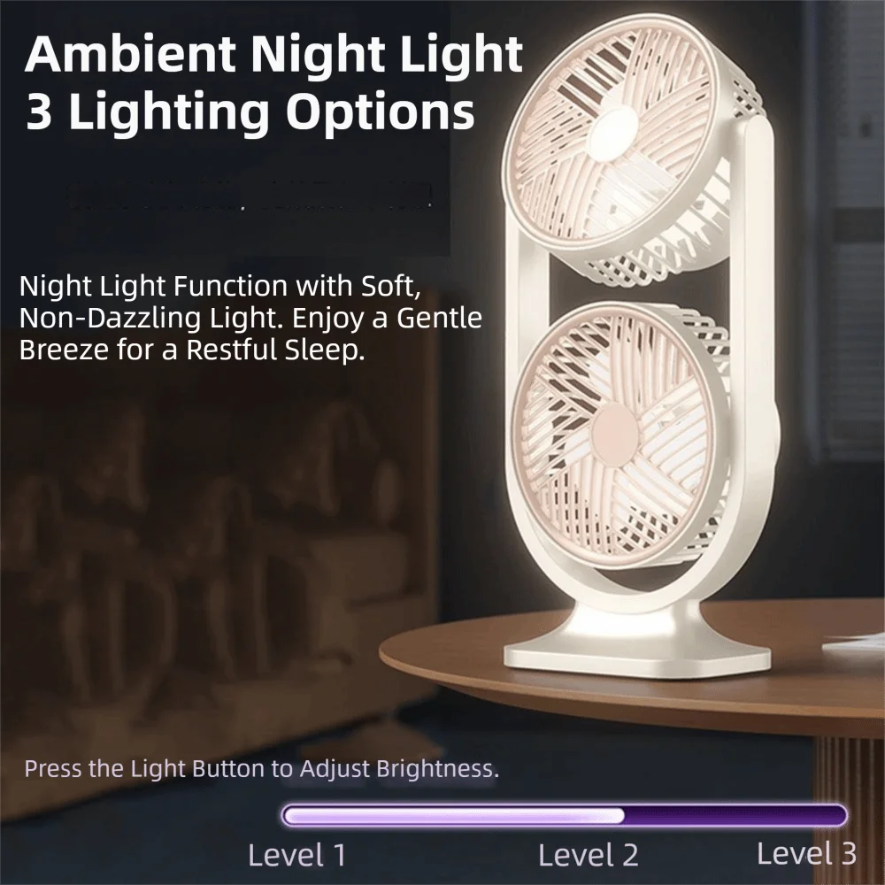 5 Gear Dual-Head Desktop Fan USB Rechargeable Night Light Double Head Desk Fan Low Noise Strong Wind Air Circulation Fan