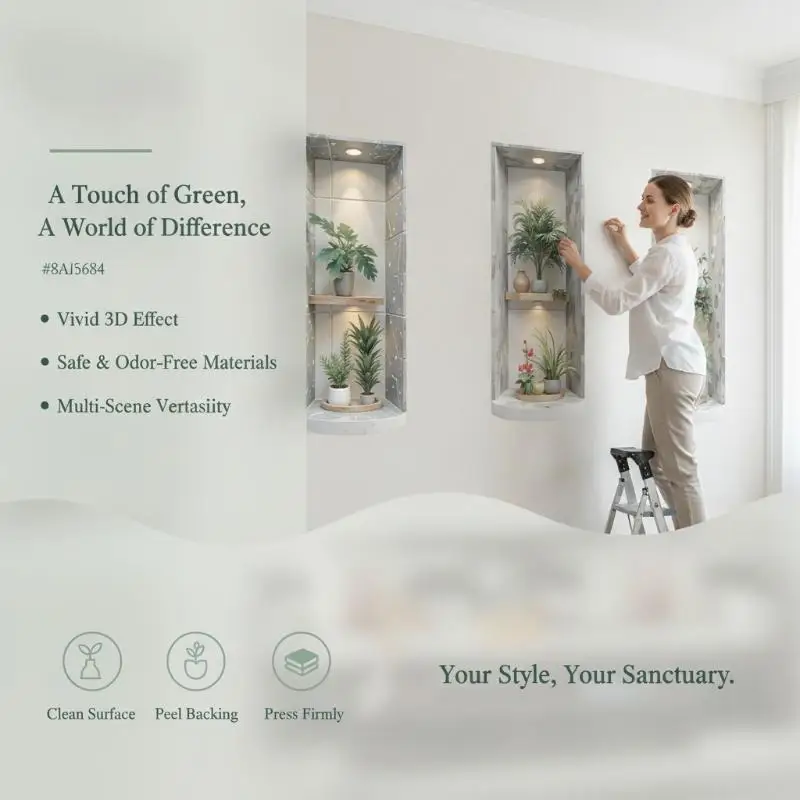 3Pcs Green Plant Marble Wall Niche Stickers No Residue Removable Wall Decals for Living Room Bedroom Wall Makeover