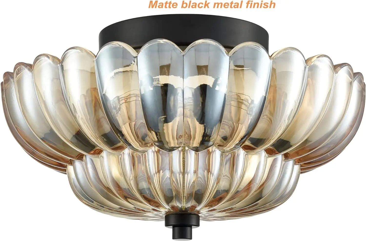 Hydelite Modern Black Flush Mount Ceiling Light 3-Light Close To Ceiling Light Fixtures With Scalloped Amber Glass Shade For