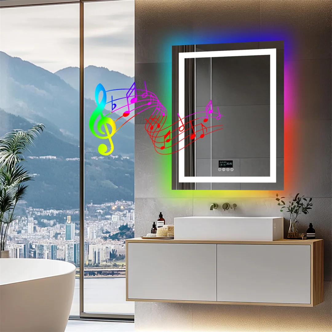 LUVODI LUVODI 28x36 inch LED Lighted Bathroom Mirror with Bluetooth Speakers High-end Washroom RGB Vanity Mirror with Date Time