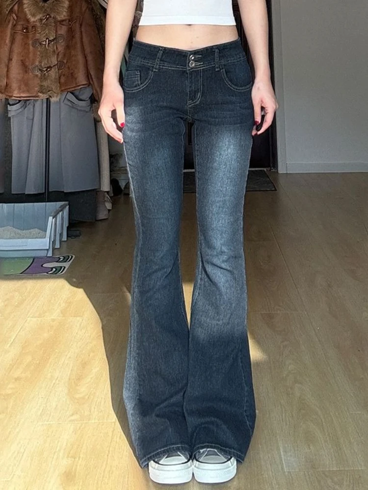 HOUZHOU Vintage Y2k Flared Jeans Harajuku 2000s Low Rise Washed Denim Pants Retro Casual Slim Up Aesthetic Trousers Streetwear