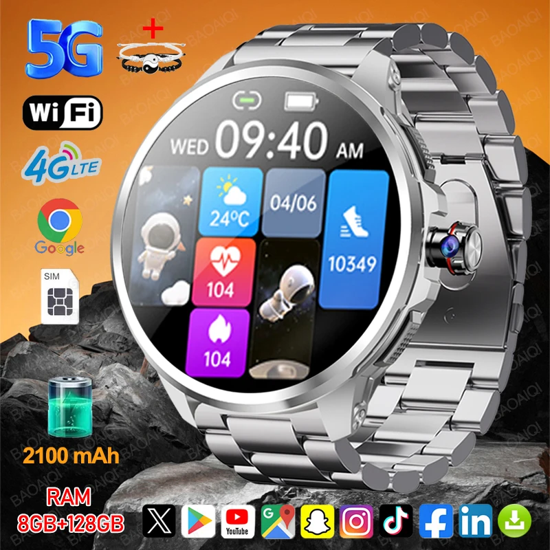 

5G/4G Smart Watch 1.95 inch 720*720 AMOLED HD 900W Camera Clock 8GB+128GB RAM 1990mAh GPS WIFI Google APP Smartwatch Android 9.0