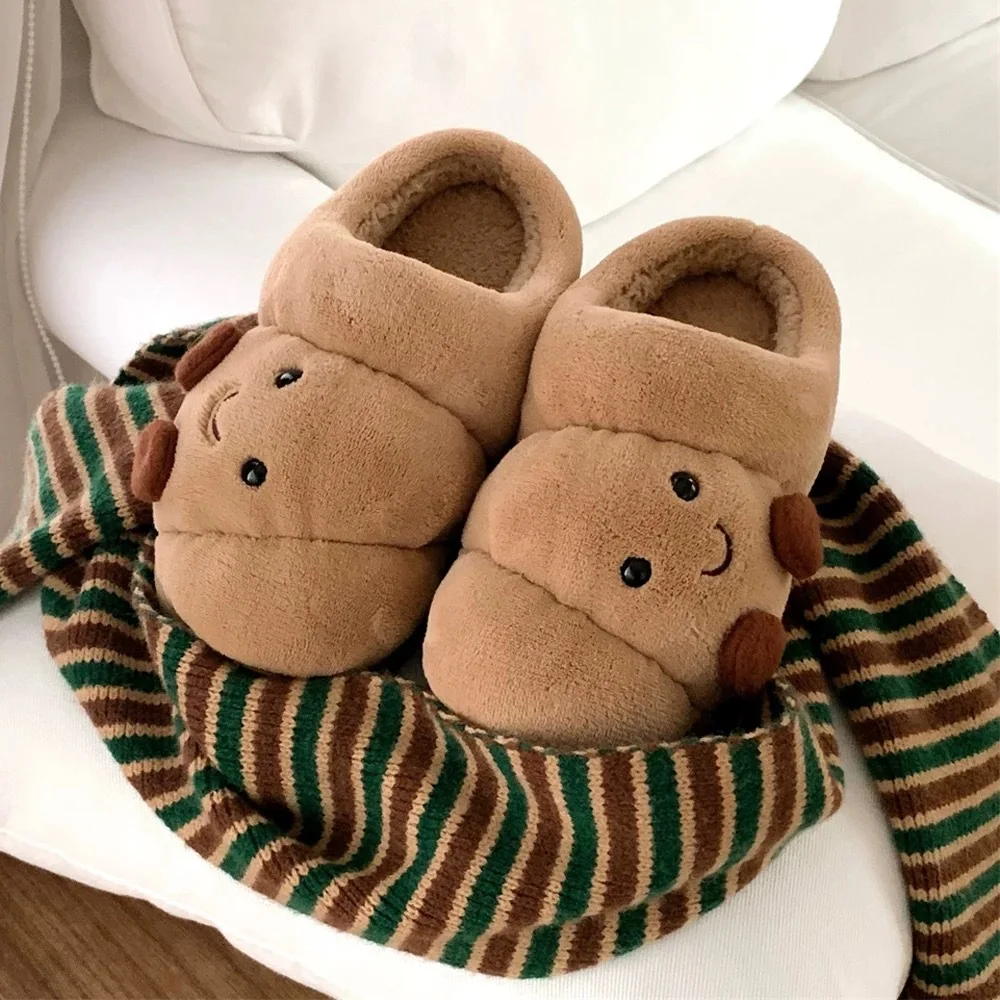Cute Cartoon Fluffy Slippers For Women Men Winter Home Warm Furry Croissant Bread Style Anti-slip House Shoes Couples