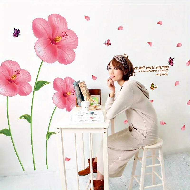 2-Pack Creative Pink Falling Flower Wall Stickers for Bathroom, Bedroom & Living Room Decor - Contemporary PVC Design