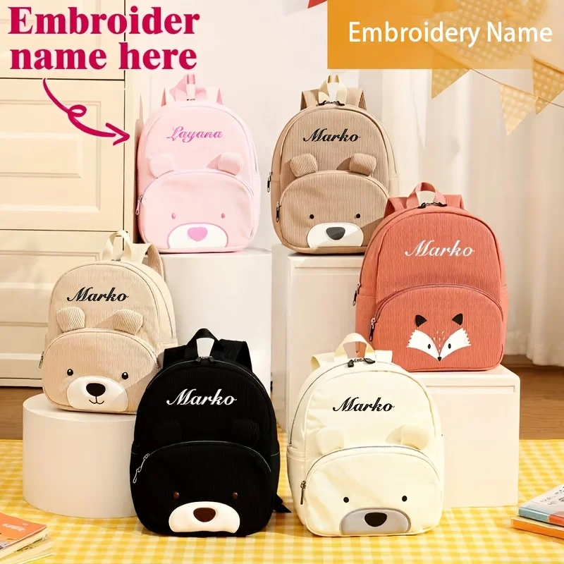 Personalized Embroidery Name Kids Backpack DIY Cute Animal Bear Fox School Bag Corduroy Children Bag for Toddler Preschool