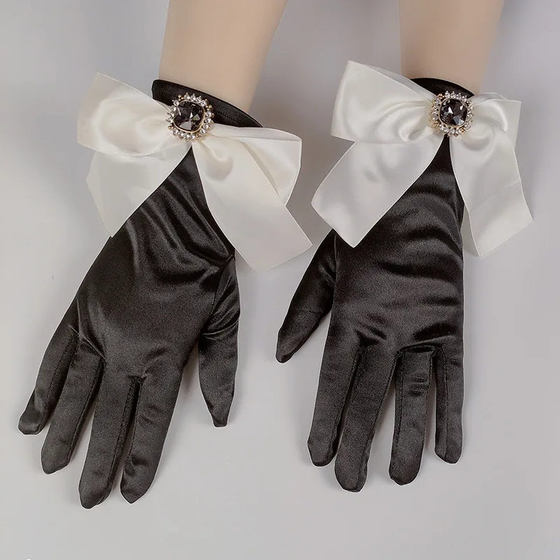 

Women Elasticity Spandex Satin Black Rhinestone Bow Sunscreen Mitten Photography of Bride Wedding Ceremonial Dress Glove