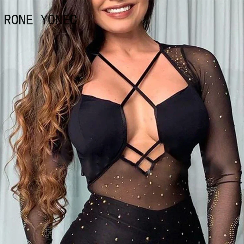 Kobiety jednolita seksowna asymetryczna sznurowany dekolt drążą Rhinestone długie rękawy Bodycon Mini Sexy sukienek zestaw