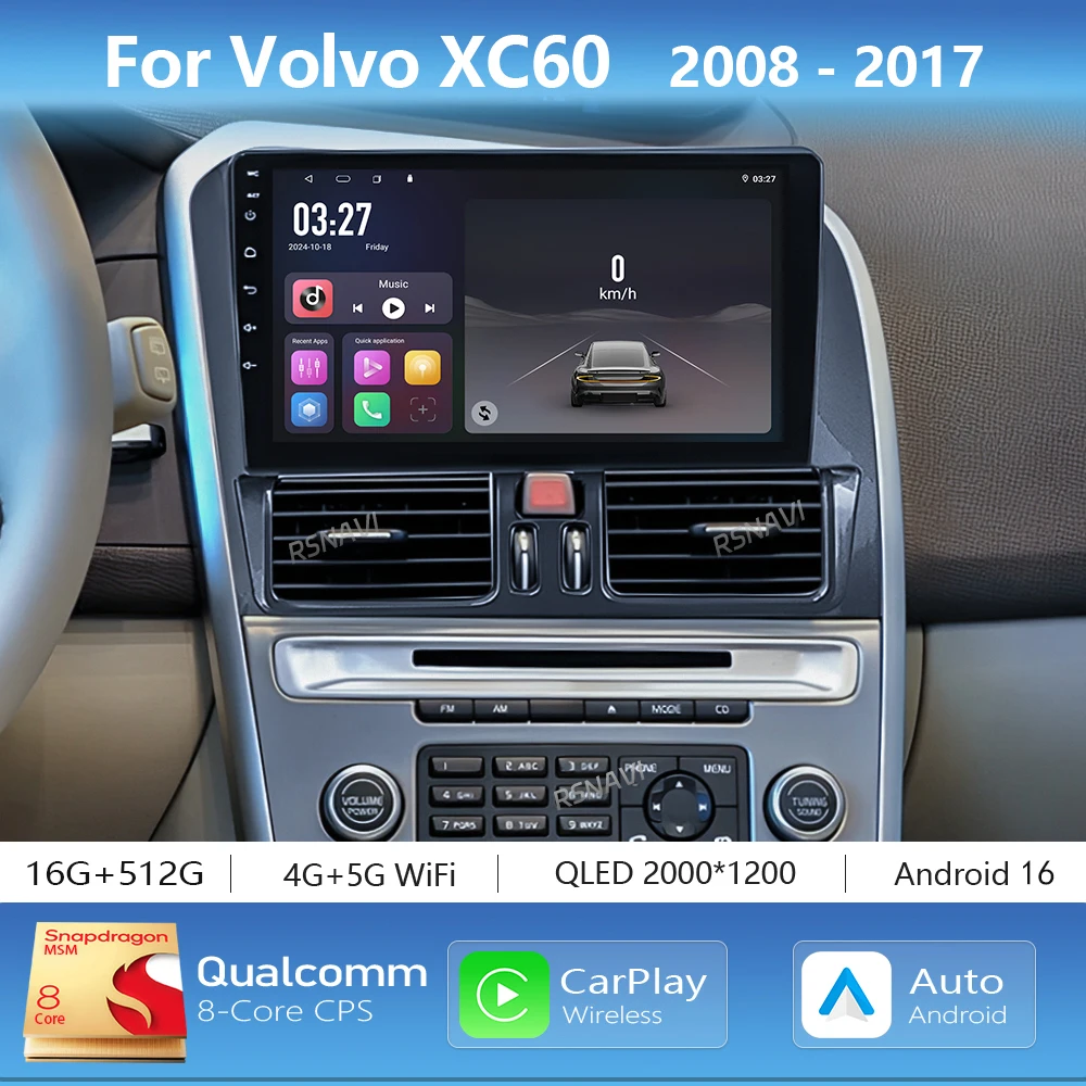 Rádio Multimídia Automotivo Android 16 Carplay para Volvo XC60 (2008-2017) com Autoradio DSP GPS Estéreo BT 2Din