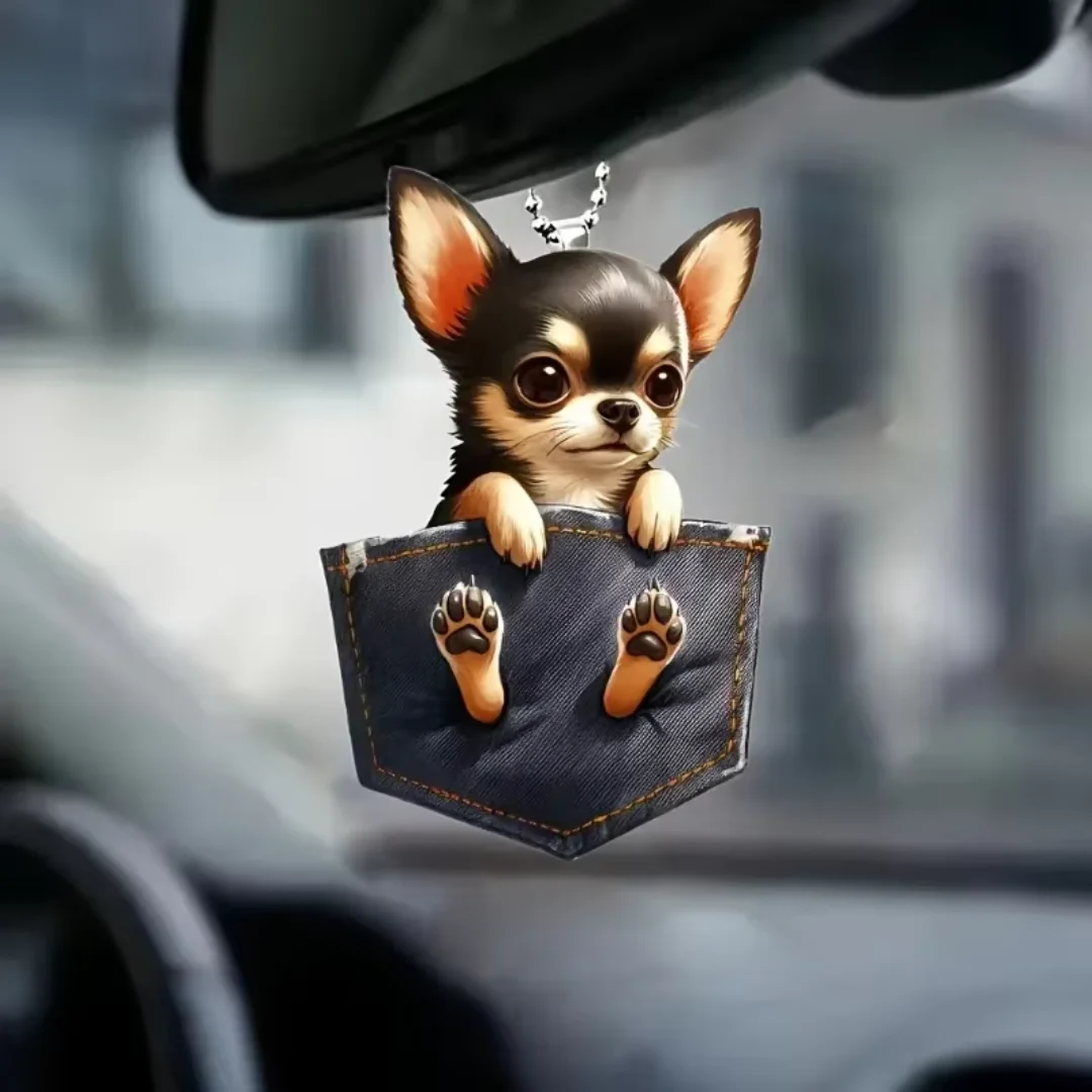 Chihuahua w dżinsowej kieszeni Wszechstronne lusterko samochodowe i brelok do kluczy Wisząca ozdoba dla szczeniaka Akrylowe plecaki i świąteczne dekoracje imprezowe