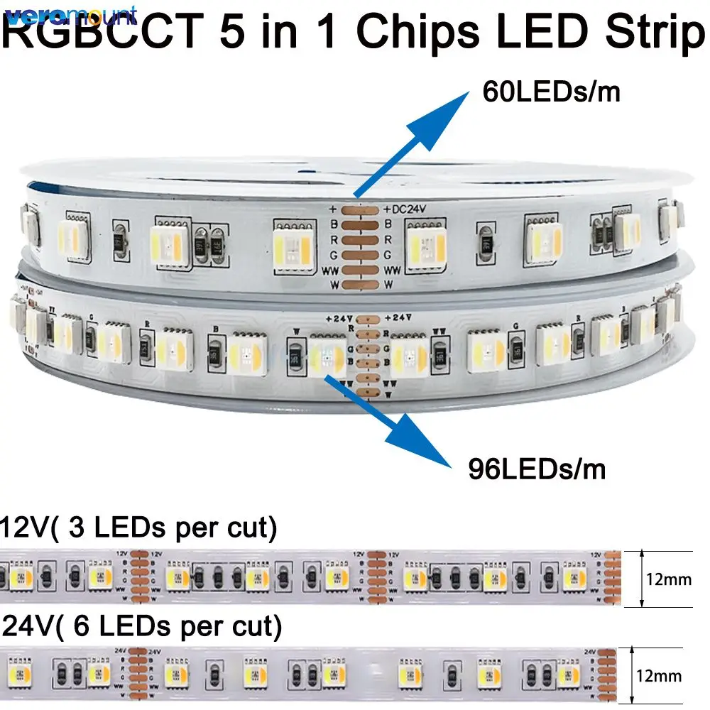 5 м 12 В 24 В постоянного тока 5050 60 96 светодиодов/м RGBCCT 5 в 1 Гибкая светодиодная лента RGB + CW/WW RGBWC Регулируемая цветовая температура Световая лента