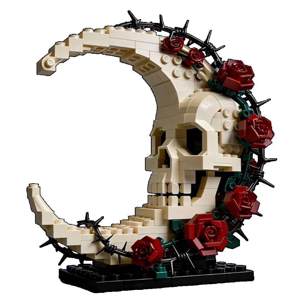 Crescent Moon Skull Building Blocks Gothic Rose Flower Bricks Kit DIY Home Ornament Halloween Gift for Adults Creative Set