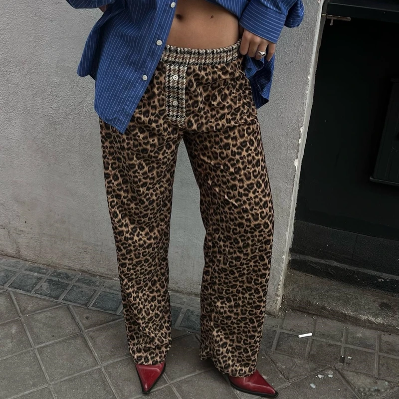 Vintage Grunge Y2K Boyfriend Trousers Streetwear Leopard Print High Waist Long Pants Retro Women Chic Fashion Wide Leg Pants