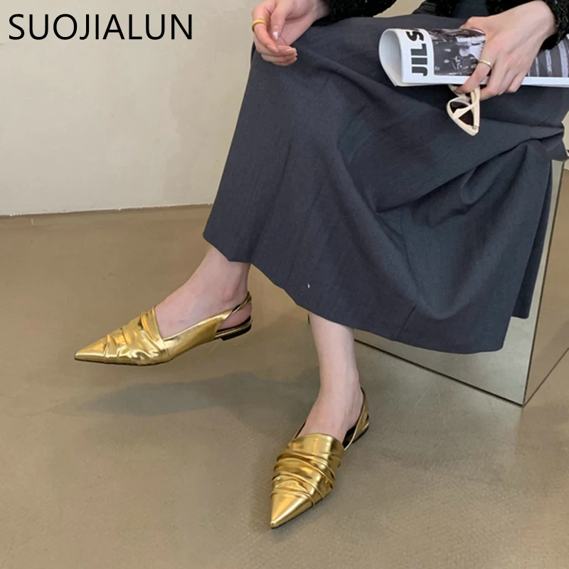 SUOJIALUN 2023 Autumn Women Sandal Shoes Fashion Pleated Ladies Elegant Gold Slingback Sandals Pinted Toe Dress Mules Shoes