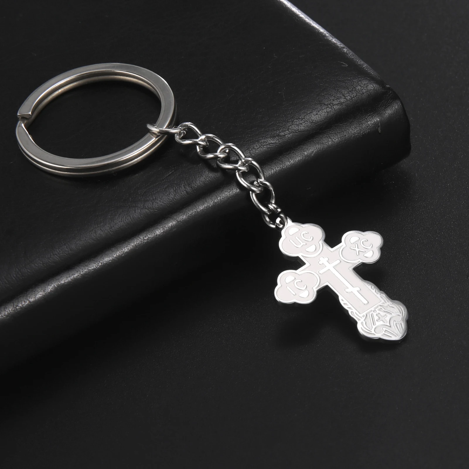 Myshape Slavic Orthodox Eastern Church Cross Pendant Stainless Steel Keychain Women Men Key Chain Ring Vintage Religious Jewelry