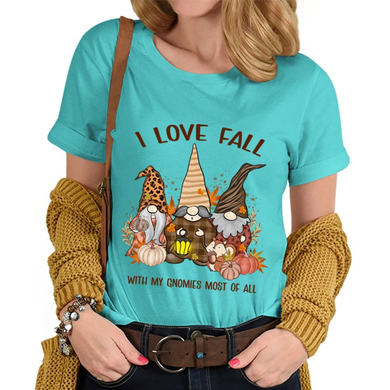 Autumn Tshirts I Love Fall with My Gnomies Most of All Print T Shirt Women Clothes Cartoon Gnomes Graphic Short Sleeve Tshirt