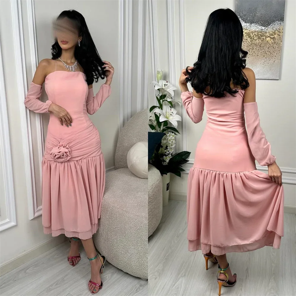 

Customized Saudi Arabia Prom Dress Dearin Strapless A-line Tea Length Skirts 3D Rose Flower Bespoke Occasion Dresses Evening For