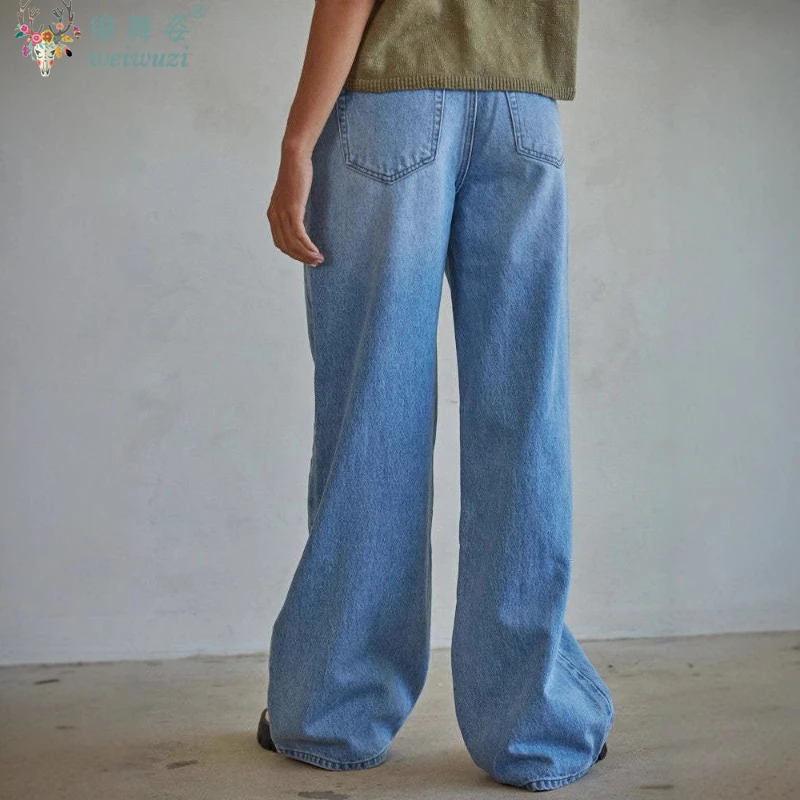 Celana Jeans Wanita Celana Denim Biru Pinggang Tinggi dengan Saku Fashion Kasual Celana Panjang Lebar Musim Gugur Streetwear Korea Baru