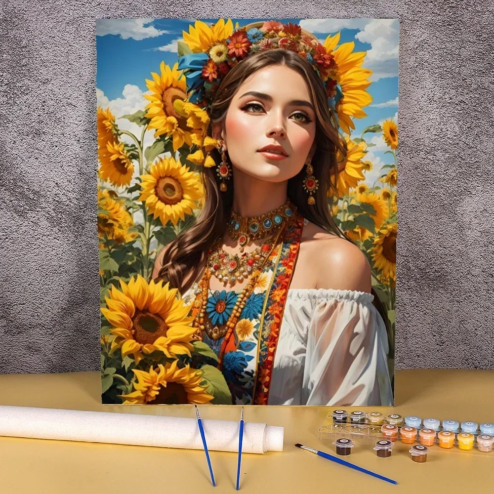 

132514 Paint By Number Sunflowers Girl Drawing On Canvas Wall Art Picture Coloring By Numbers Home