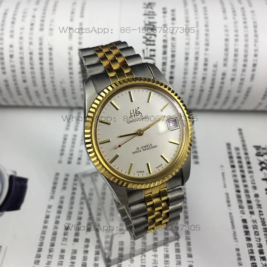 Reloj Mecánico Manual Shanghai 19 Jewels con Calendario Simple, Marcadores de Hora con Mecanismo de Manivela, 37mm, Stock Original