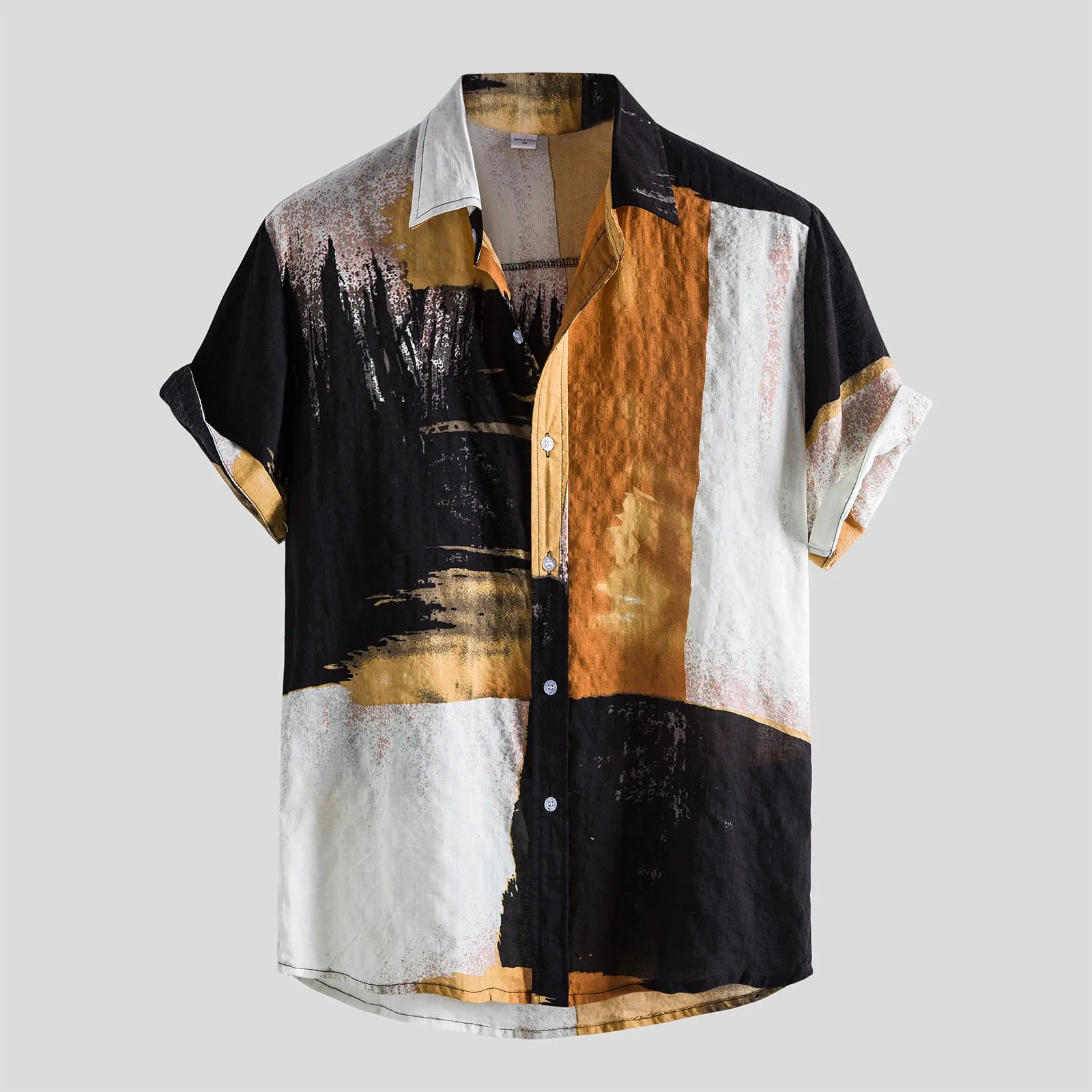 

Summer Contrast Color Patchwork Men's T-Shirts Turndown Collar Short Sleeved Single Breasted Shirt Loose Hawaiian Tee Shirts