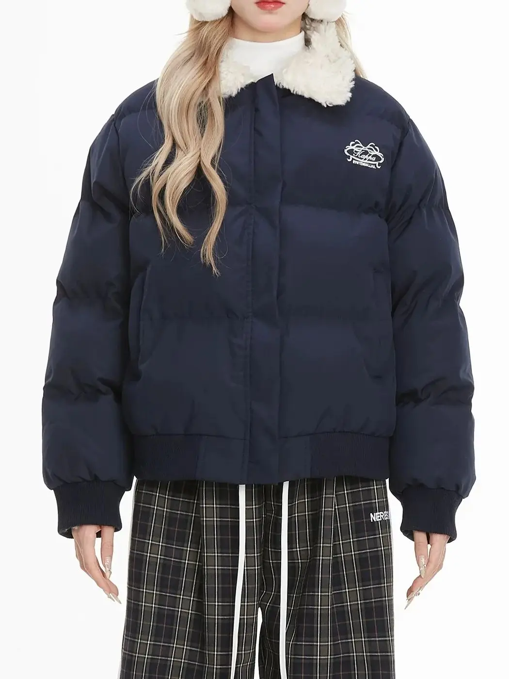 

Women's Dark Blue Brown Maillard Collar Long Sleeved Parker Cotton Jacket Y2K Winter High Street Casual Retro Cotton jacket 2025