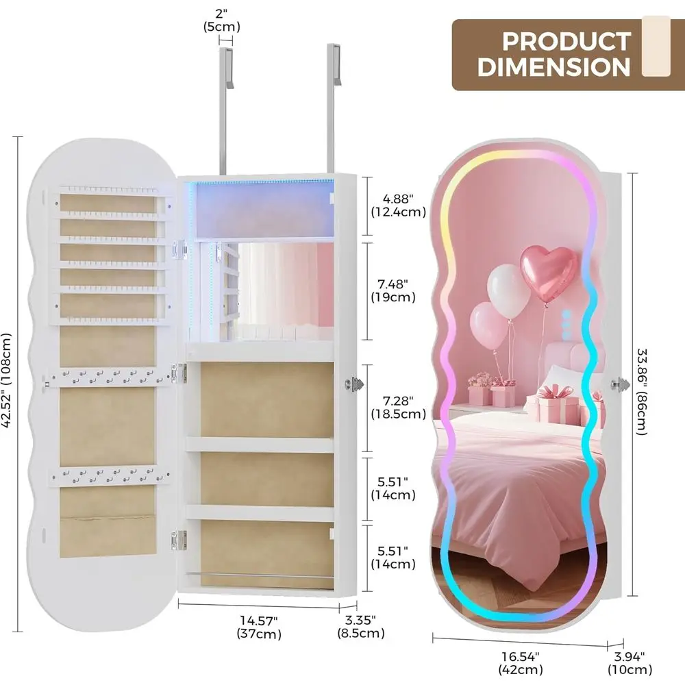 LED Illuminated Mirror Cabinet with Storage, Wall or Door Mountable Vanity Organizer, Lockable Mirrored Armoire