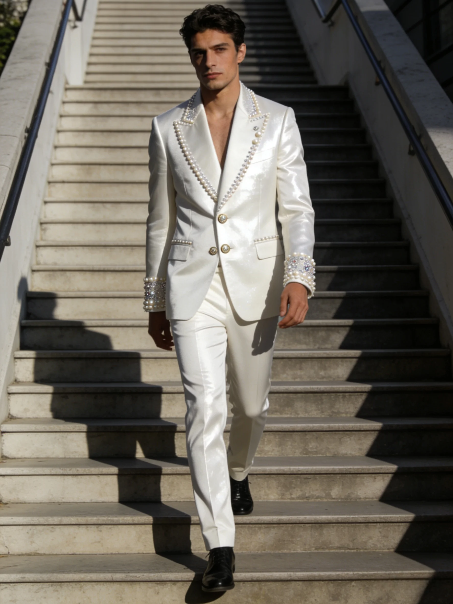 

White Satin Luxury Men Suit Set 2 Pcs Blazer+Pants Trousers Formal Office Coat Wedding Tuxedo Customized Jacket Outfit