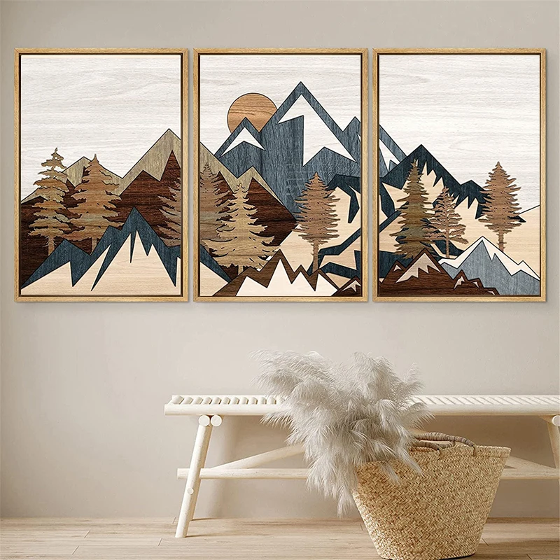 3 PCS Canvas Print Posters Wall Art Wood Panel Effect Mountain Range Top Prints Painting Modern Art Rustic Decor for Living Room