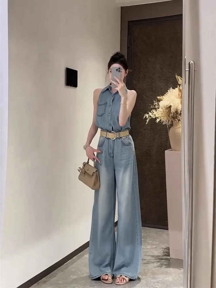 

2025 Summer Women's Fashion Versatile Casual Lazy Style Cowboy Sleeveless Top and Pants Elegant Temperament Set