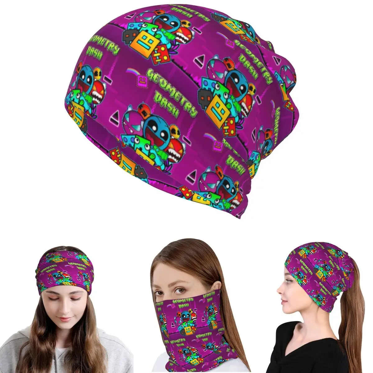 Video Game Geometry Dash Bandana Neck Cover Wrap Scarf Multifunction Face Mask Beanies Hat Unisex Adult Breathable
