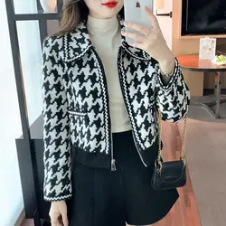 Women's Autumn Winter Fashion POLO Collar Thousand Bird Checker Zipper Pocket Casual Versatile Long Sleeve Loose Short Coat