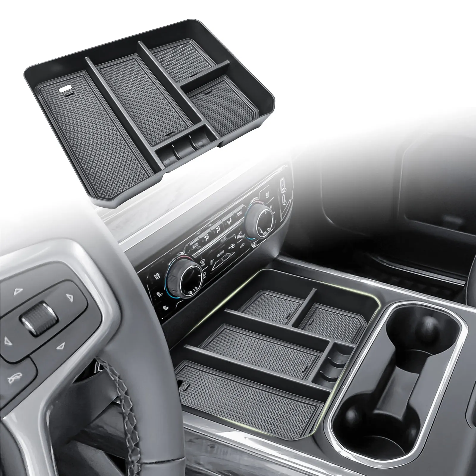 

Front Center Console Organizer Tray for 2024-2025 Chevy Silverado 2500HD/3500HD Compartment Cover Hidden Organizer Insert Tray