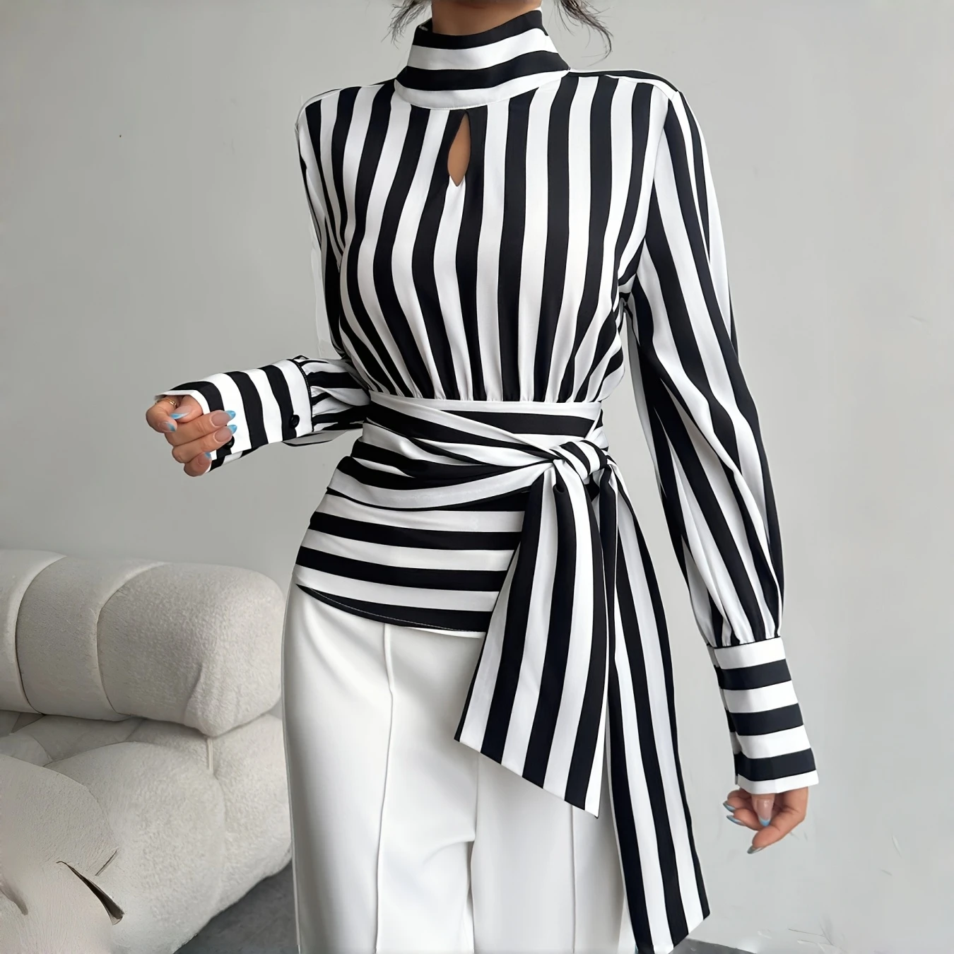

Spring Autumn Women Black White Vertical Stripe Long Sleeve Shirt Elegant Temperament Tie Waist Slim Casual Commuting Top