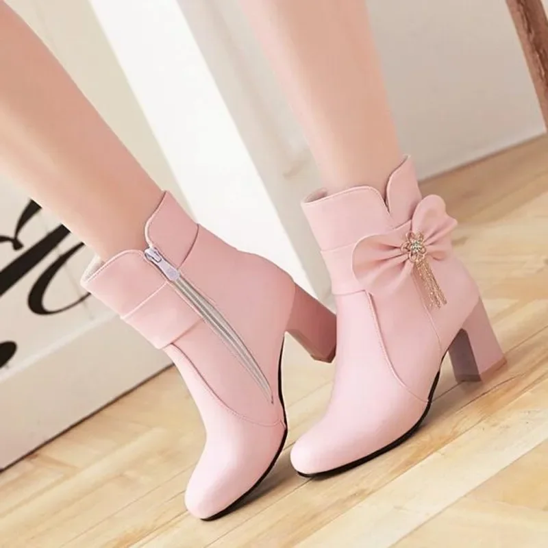 New fashion in autumn and winter super high and sweet bow boots pink round head high heel women boots