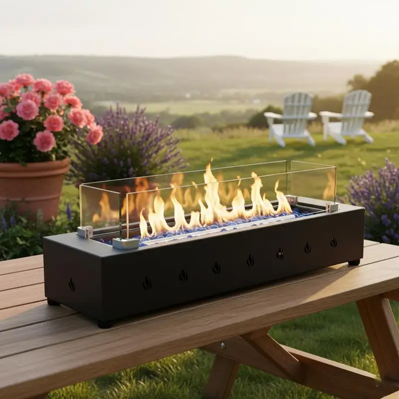 

28-Inch Rectangle Propane Fire Pit, 40000 BTU Outdoor Firepit, Wind-Resistant Design with Durable Iron and Stylish Volcanic