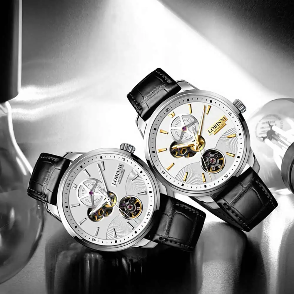 LOBINNI L5018 ساعة ميكانيكية للرجال 42 ملم حركة أوتوماتيكية زجاج كريستال الياقوت 50 متر مقاومة للماء ساعة هيكل عظمي جلدية