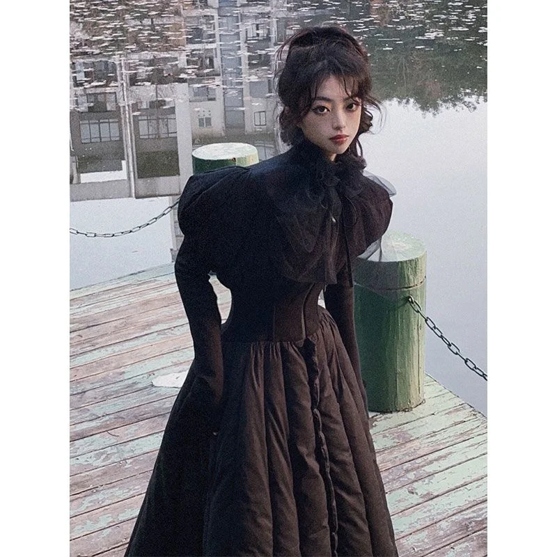 Fashionable Slim Down Long Skirt, Winter Black Waist Cinched High Neck Dress, Versatile And Casual Fluffy Skirt With Temperament