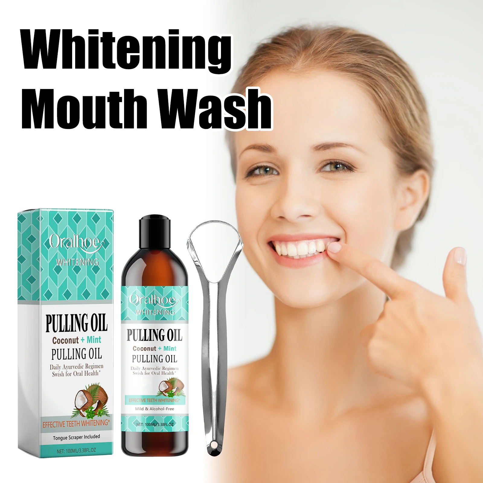 Kit de enjuague bucal con aceite de menta y coco, raspador de lengua, eliminación de olores de aliento Oral fresco, herramienta blanqueadora sin Alcohol, cuidado de la boca
