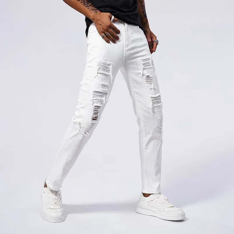 White Ripped Bead Men's Jeans, Patch Worn Fashion Small Feet Straight Slim Jeans Men