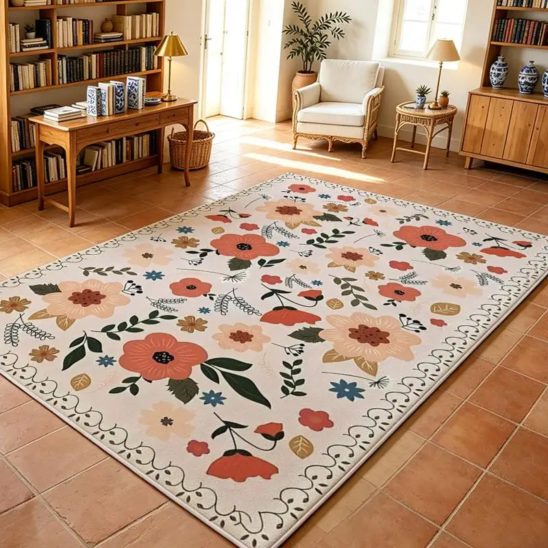 1PC Light Pink Multicolor Floral Large Area Rug, Vintage Princess Boho Washable Rug for Bedroom, Porch, Living Room Aesthetic Decor