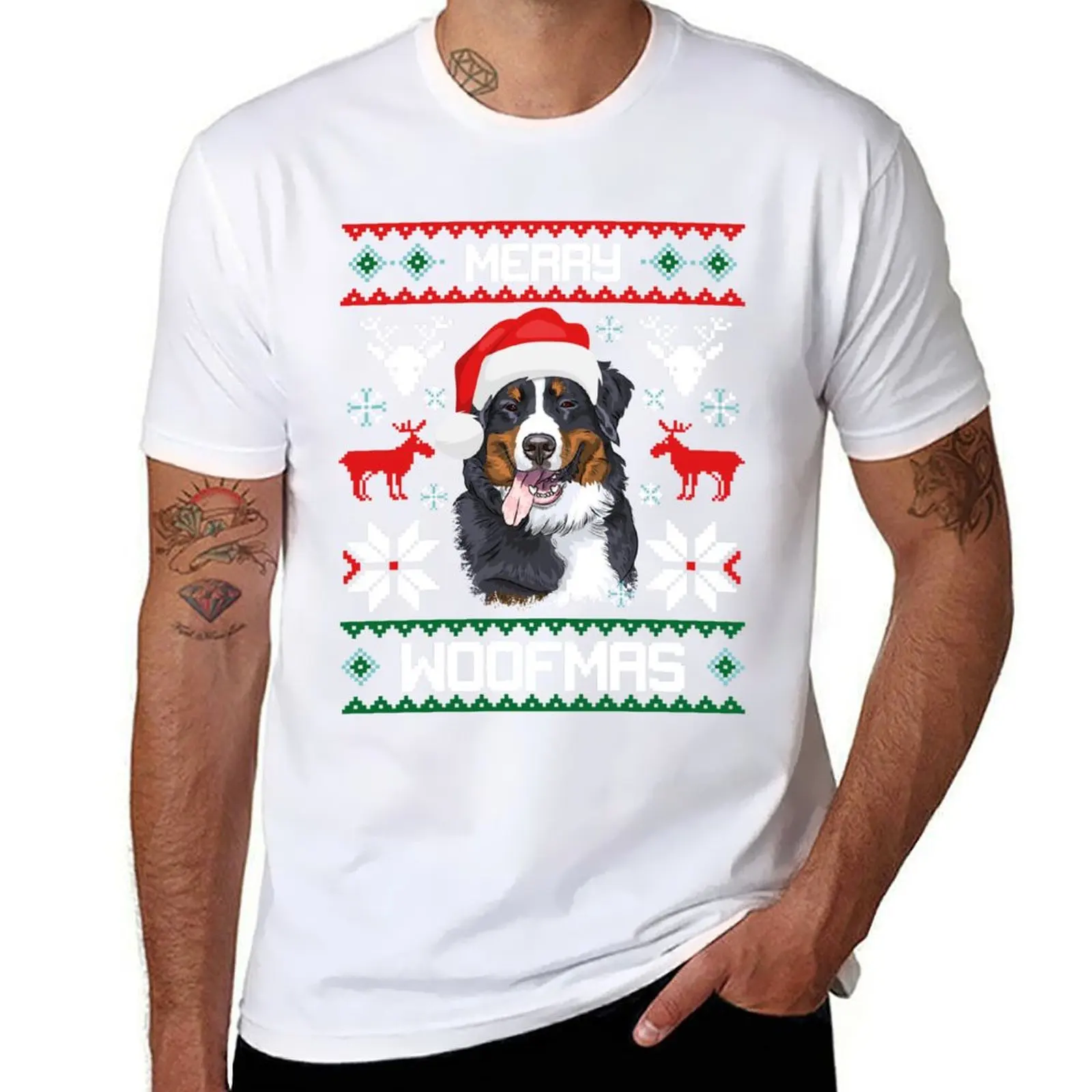 

Bernese Mountain Dog Merry Woofmas Christmas Gift T-Shirt t shirt man plain cotton tshirt 100% T-Shirt