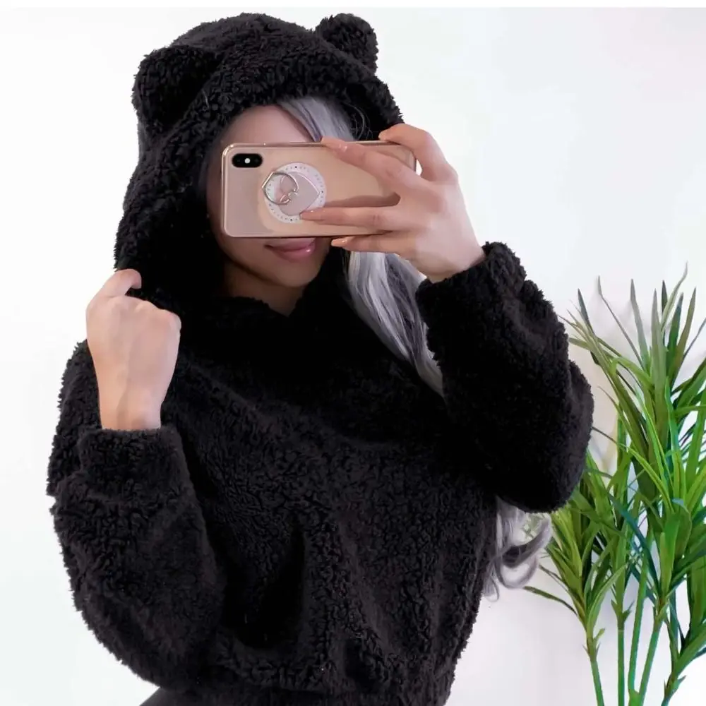 دافئ طويل الأكمام الدب الأذن هوديس أبلى غامض أفخم هوديس بلون البلوز الملابس الصوف البلوز الخريف