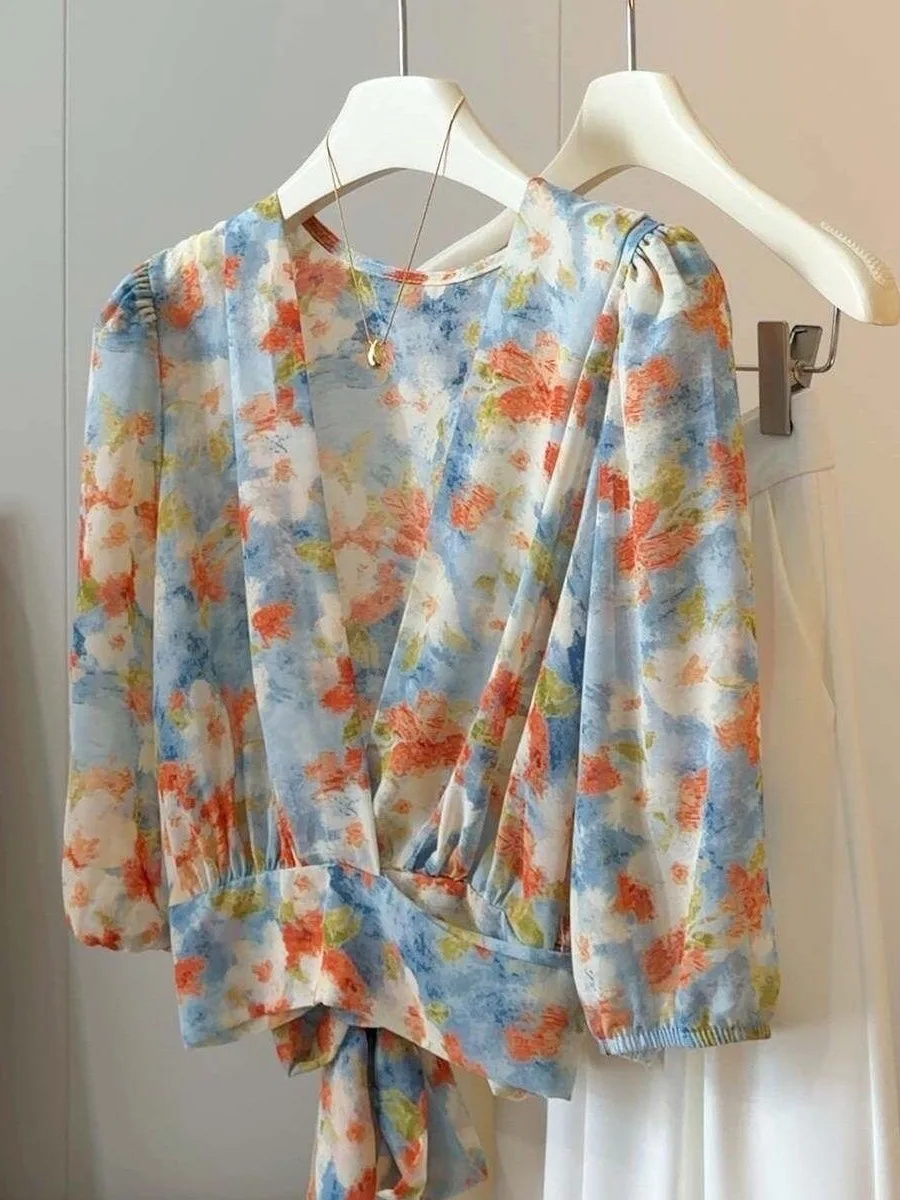 Floral Tie Waist Lantern Sleeve Chiffon Shirt Women's Style Slim Fit Casual Wear Nine Quarter Sleeve Breathable Summer Top