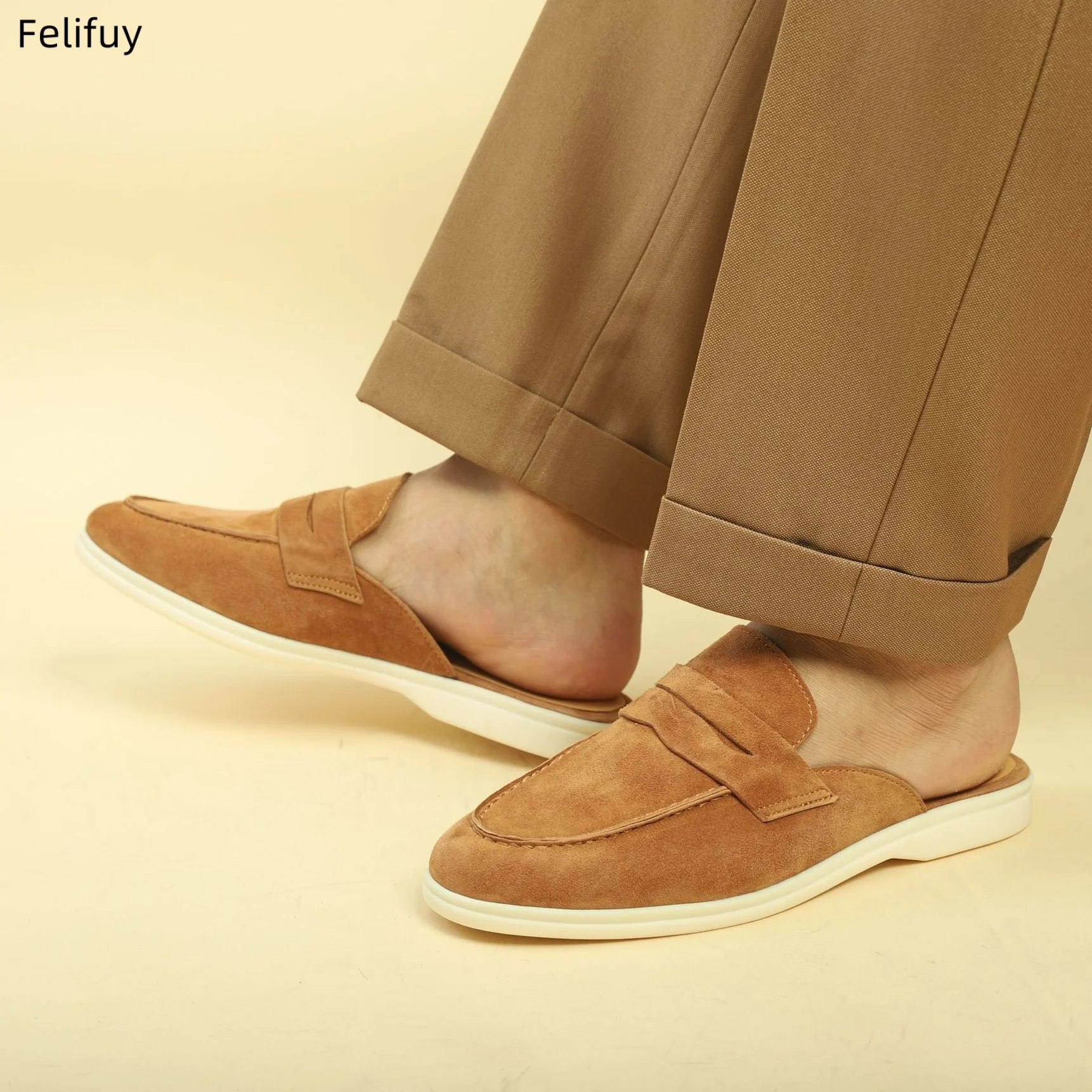 Brown Summer Men's Fashionable round Toe Flats Genuine Leather Slip-On Slippers Lazy Casual Shoes Outdoor Wearable Slippers Men