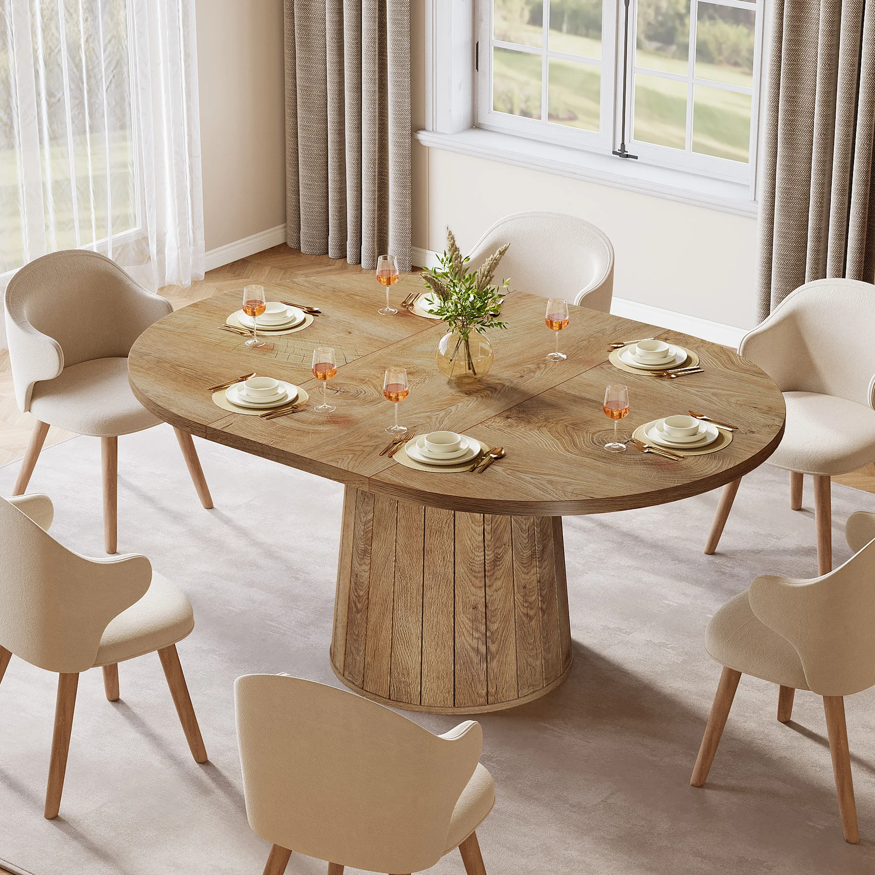 

lk-Oval Dining Table for 6 People, 55.11-Inch Farmhouse Kitchen Dinner Table with Cylindrical Pedestal (Rustic Brown)&