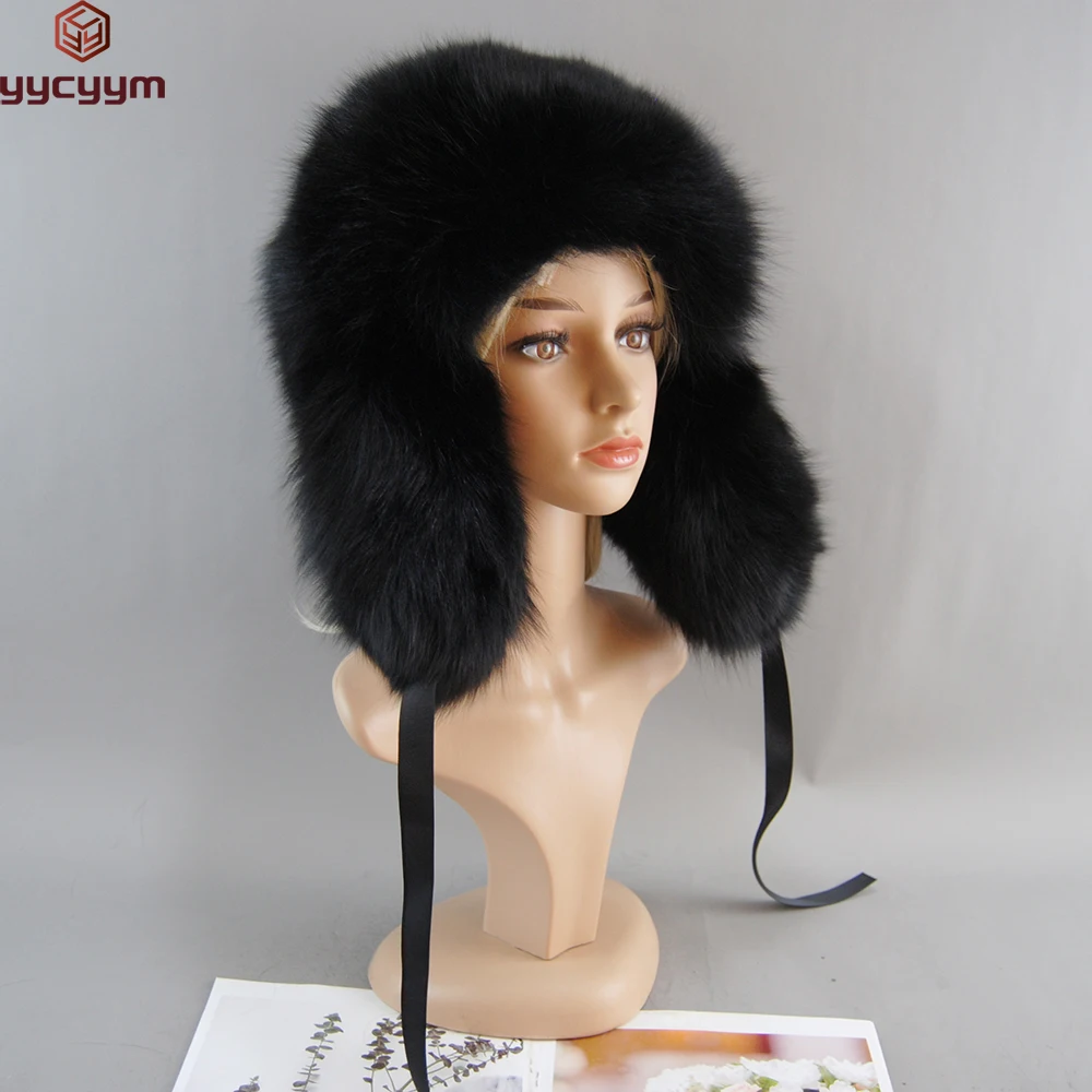 

Real Fox Fur Pompom Bomber Hats Russian Female Beanies Natural Raccoon Fur Hat Knitted Skullies Beanies Women's Cap Winter Hats